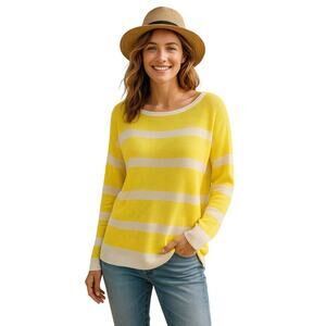Cabi Striped Lightweight Pullover Sweater Yellow & White Knit Top XL Coastal
